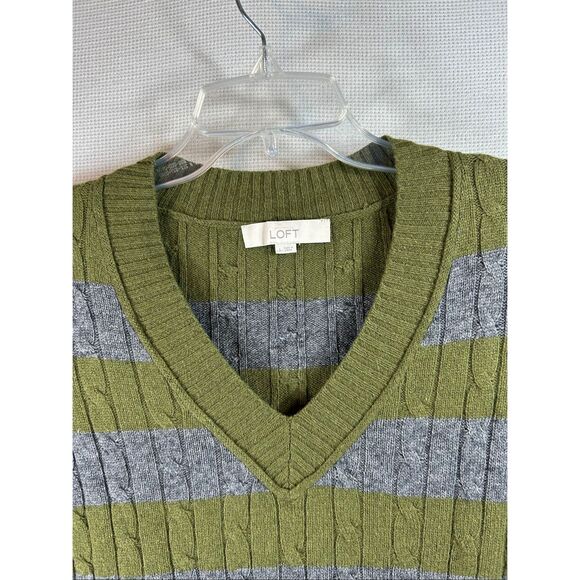 LOFT Green Gray Striped Sweater Women’s L Wool Blend V-Neck Cable Knit Soft Cozy - Picture 5 of 11